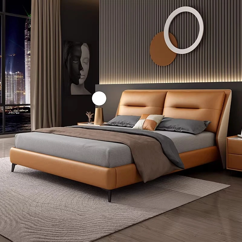 

Italian light luxury leather bed, double master bedroom high foot soft bed