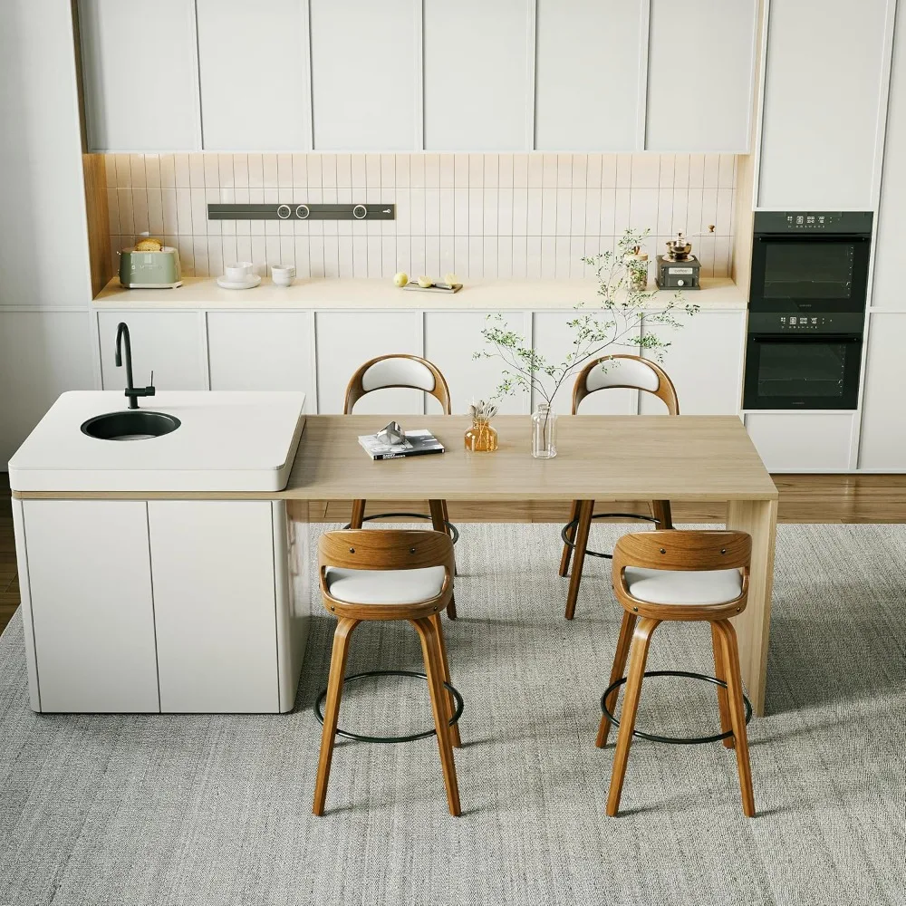 كراسي بار ذات ارتفاع دوار، كراسي بار من الجلد الصناعي مع مسند ظهر وأرجل خشبية صلبة ومسند للقدمين، عداد #6