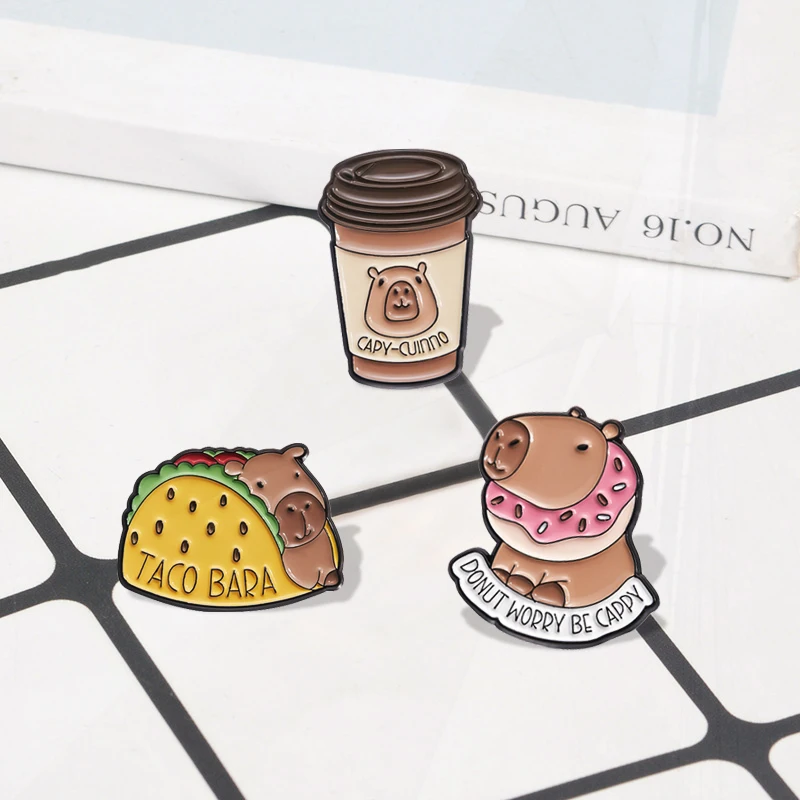 WORRY BE CAPPY Pines Lapel Badges Cartoon Animal Jewelry Gift for Kids Friends Cute Capybara Enamel  Brooch Custom DONUT