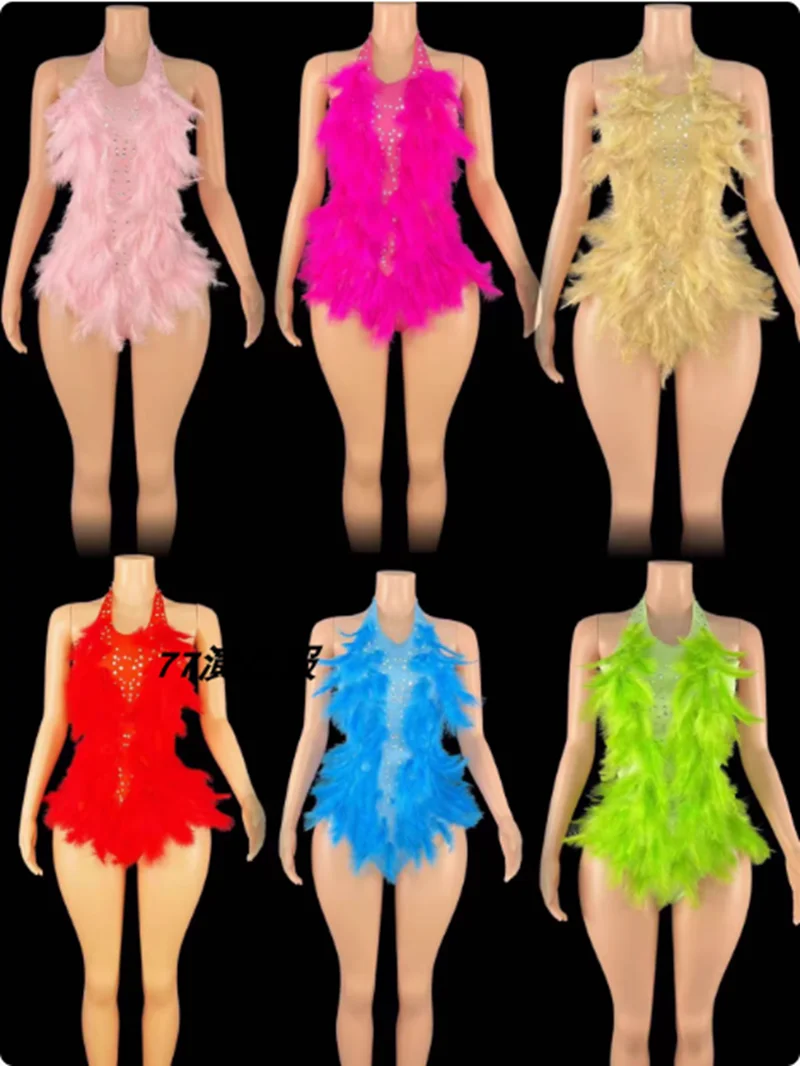 

Plus Size S-3XL Sexy Feather Bodysuit Bar Dancer Team GOGO Show Party Prom Birhday Stage Nghtclub Pole Jazz Dance Singer Costume