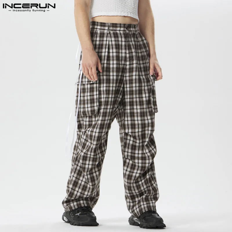 INCERUN 2024 American Style fjNew Men Plaid Pocket Design Cargo Long Pantalon Casual Street Male Hot Knowing viser S-5XL