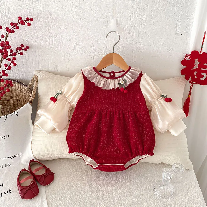 MILANCEL Winter Baby Bodysuit Infant Fleece Padded Cherry Jumpsuit Toddler Girls Cute Thicking One Piece