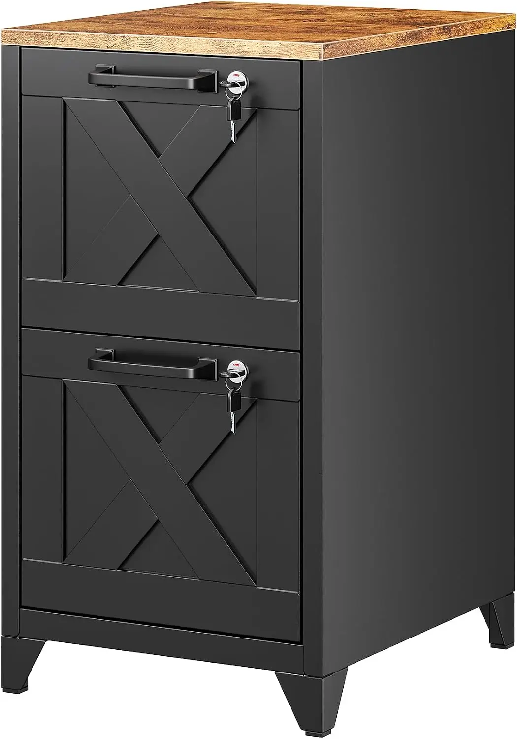 Black 2 Drawer File Cabinet With Lock Wood Top Metal Legs Modern Steel Vertical Filing Sideboard Storage Organizer For Letter Legal A4 Documents Home Office Workspace