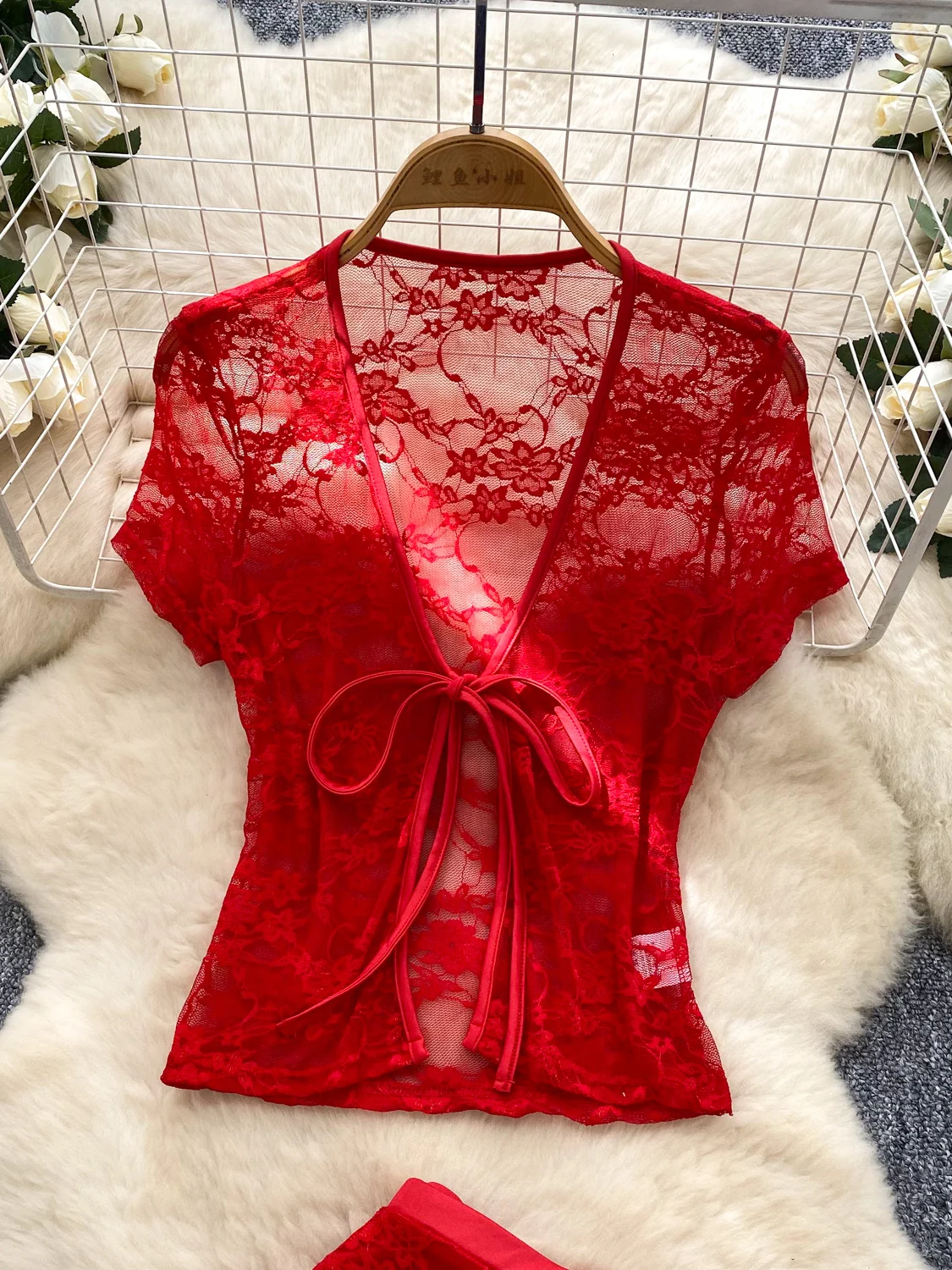 

Ele Lace Tie Cardigan Top plus Seven-Quarter Pencil Pants Sexy Pure Desire Hot Girl Set Women Summer Faion Ensemble