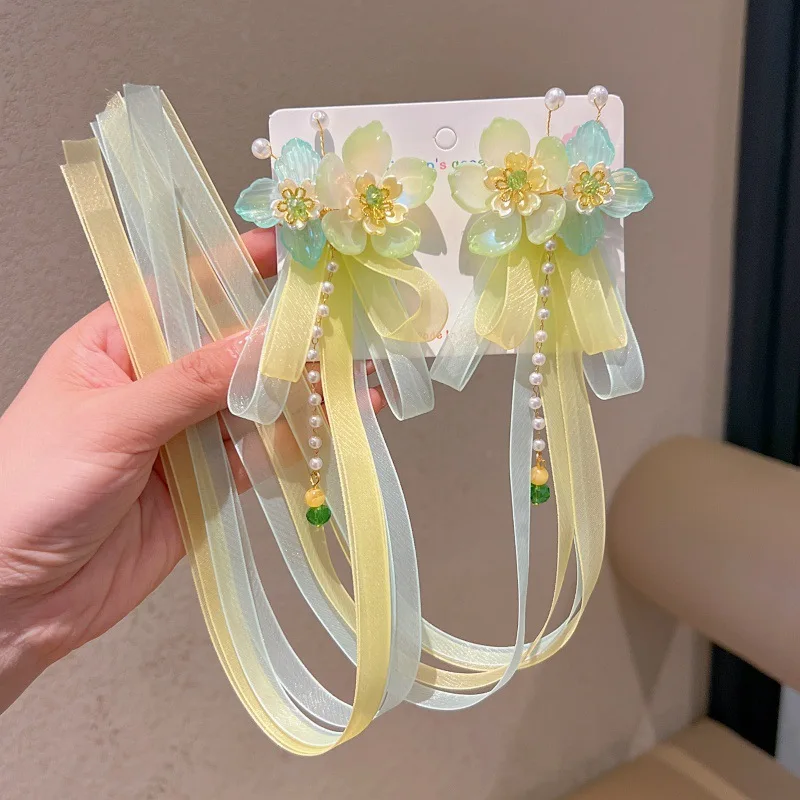 Girls Pink Hair Accessories Blue Ribbon Long Tassel Hairpins Crystal Beads Peals Flower Hair Clips Retro Chinese Hair Jewelry