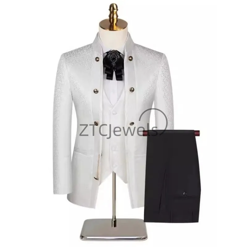 2026 New Chinese Style Men's Suit with Green Fruit Collar and Dark Flower Banquet Wedding Set Groom and Groomsman Gown 3Pc Set view 3