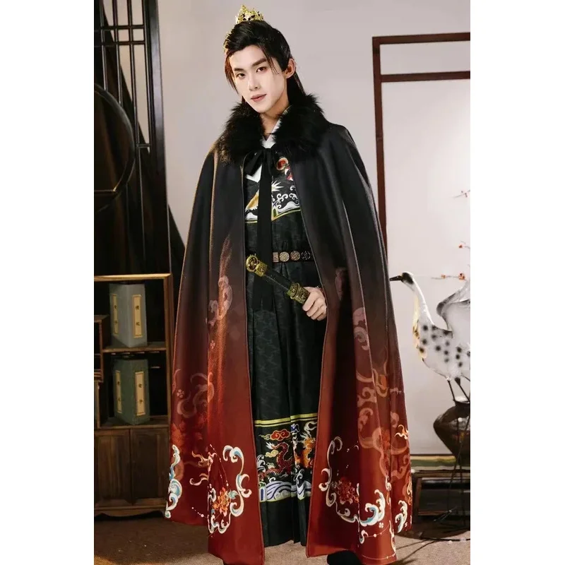 Cy2025 Winter Machtige Qilin Hanfu Mantel Traditionele Chinese Mannen Vrouwen Buitenste Gewaad Vintage Mode Grote Bontkraag Overjas Sjaal