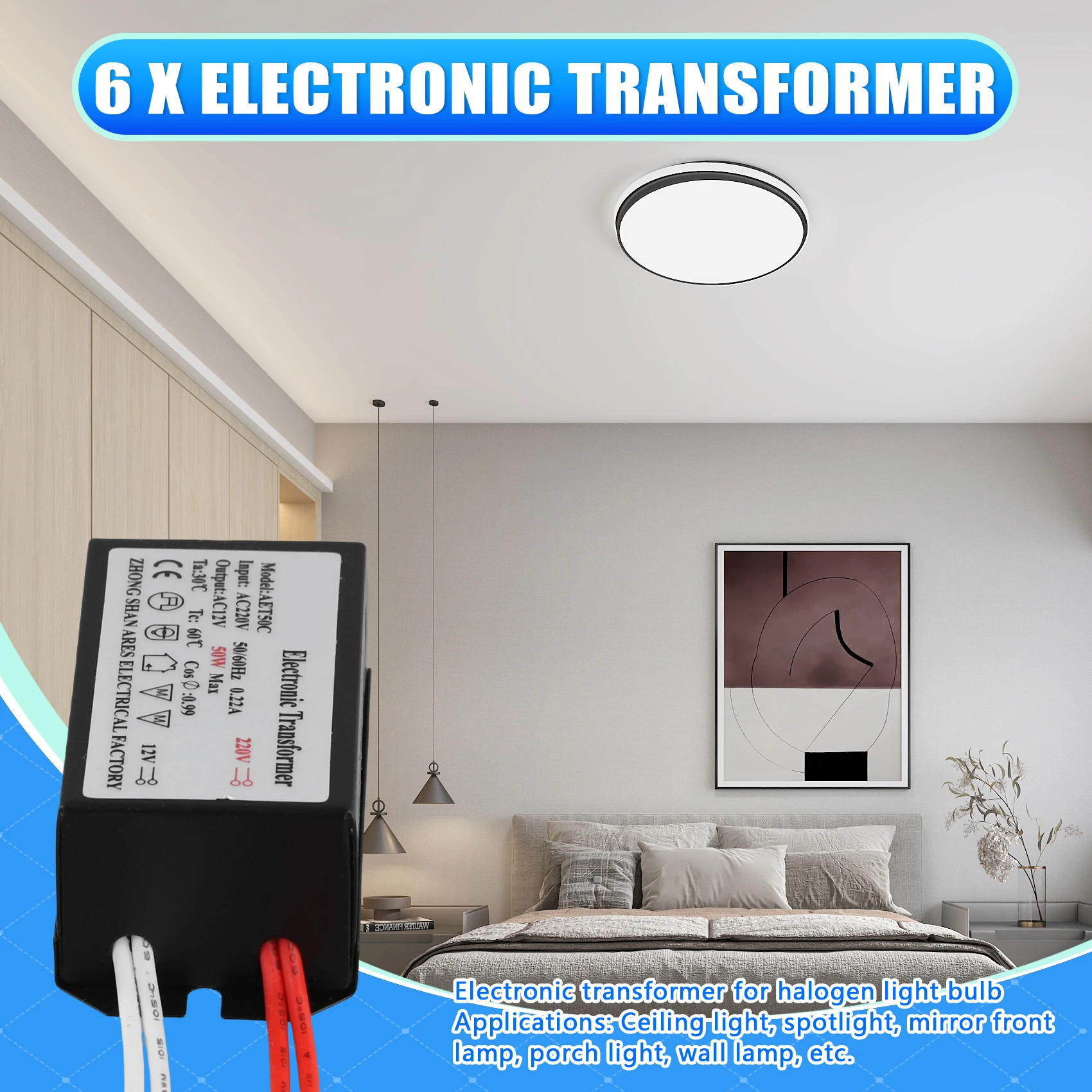 Transformador electrónico 6 uds transformador electrónico adaptador de 220V a 12V para lámpara de cuarzo halógena de cristal 50W