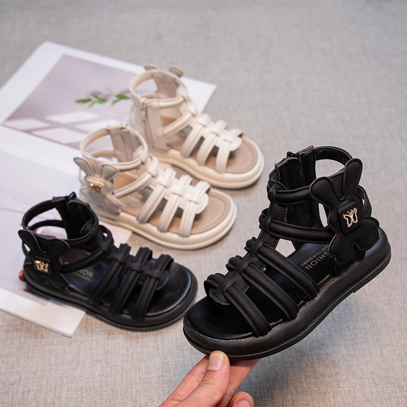 Girls Gladiator Sandals Summer Fashion Children Princess Roman Sandals Kids Hollow High-top Beach Shoes Side Zip Non-slip Hot