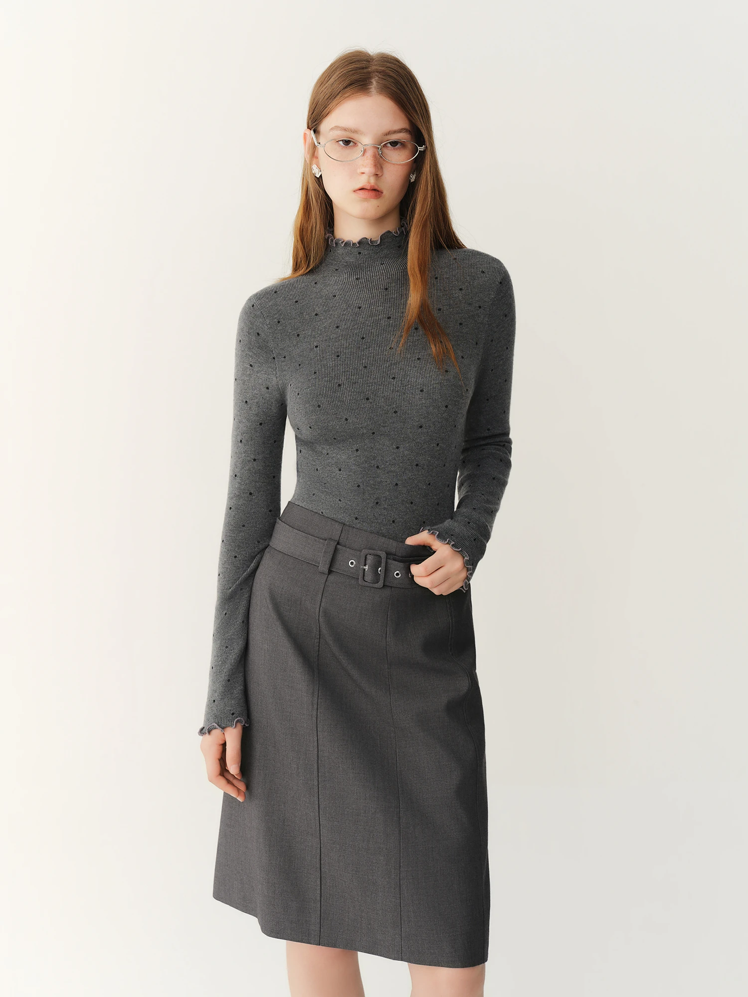 FSLE Women's Ruffle Polka‑Dot Mock Neck Knit Sweater 2026  Winter New Arrival Basic Versatile Long‑Sleeve Casual Pullover Top