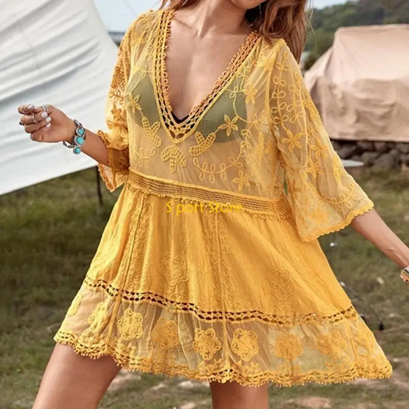 ملابس سباحة للسيدات من U2JB، ملابس سباحة مجوفة بغطاء للزهور، فستان شاطئ من الشيفون ذو فتحة عالية