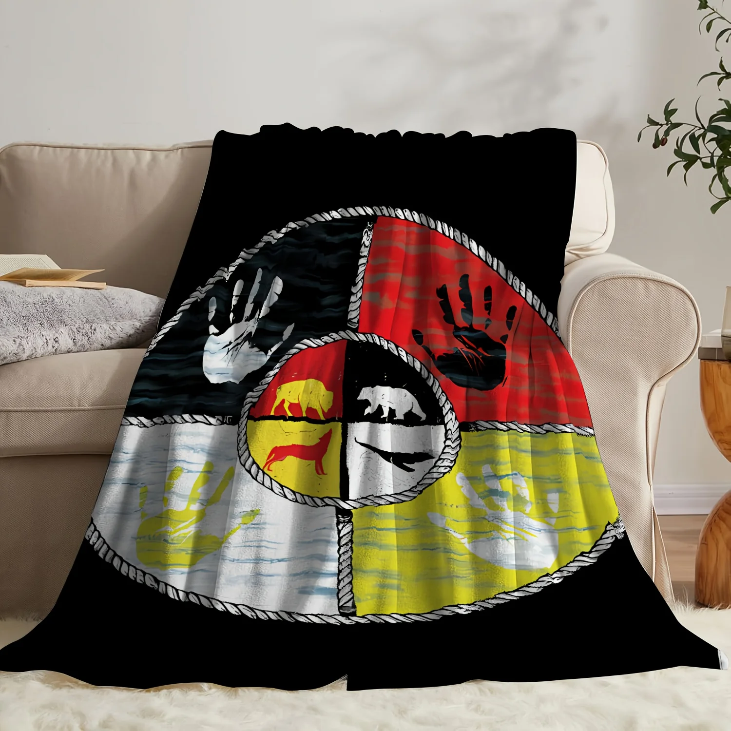 Cozy Throw Blanket Retro Boho Family Handprint Animal Pattern Abstract Jungle Decor Unique Gift for Home Living Room Aesthetic