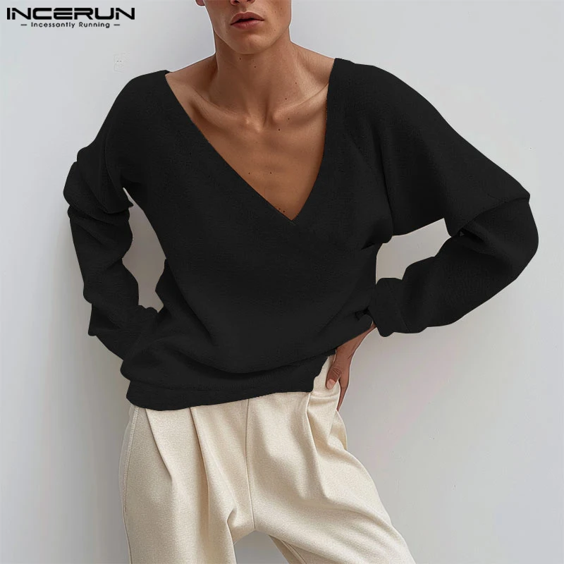 INCERUN Men Tops 2024 Autumn New Arrival Solid Color V Neck Cross Casual Long Sleeve Knitted T Shirts Comfortable Daily Tops