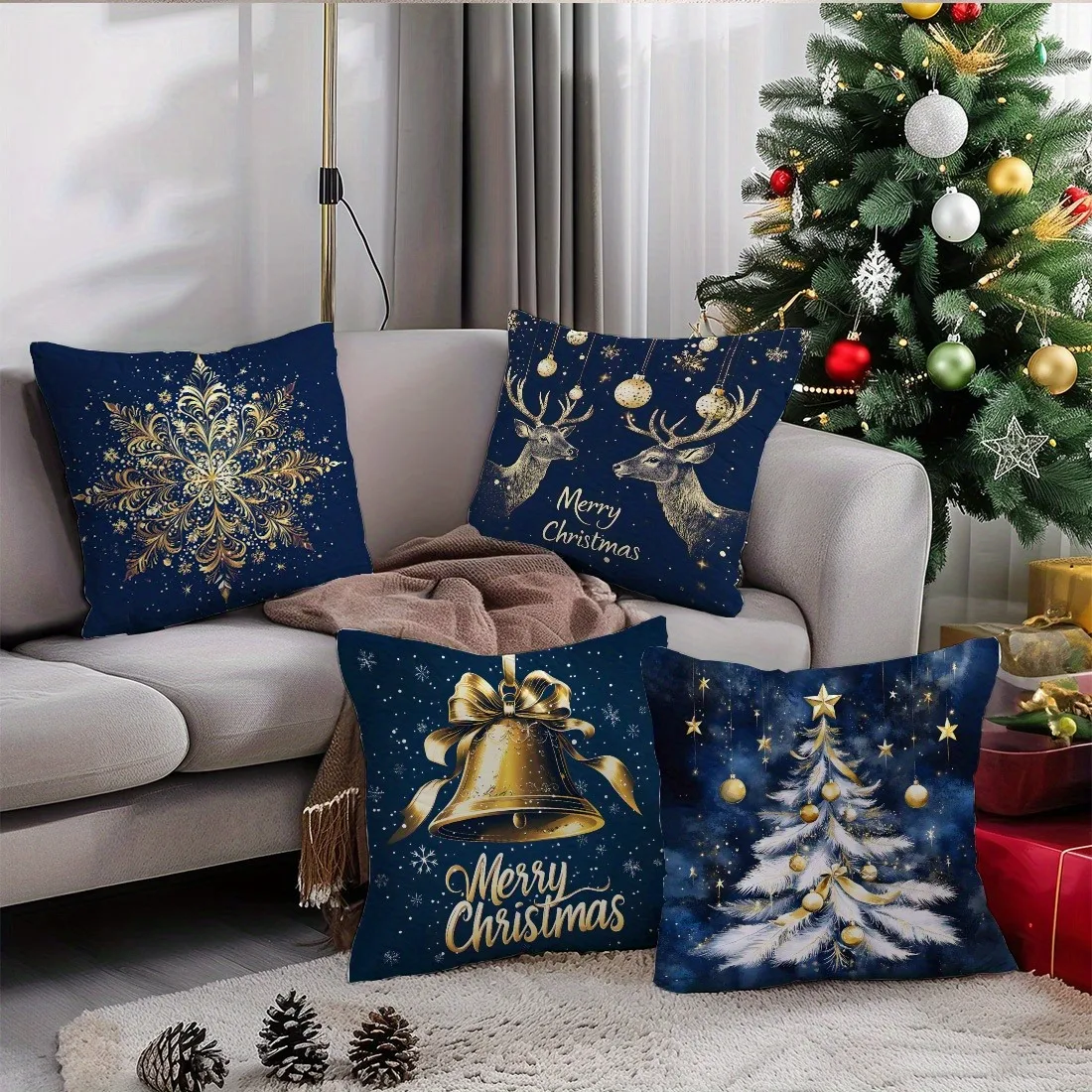Fundas de almohada con tematici navideña: diseños de copos de nieve، cervos، campanas y arbboles de Navidad، Funda de cojín #4