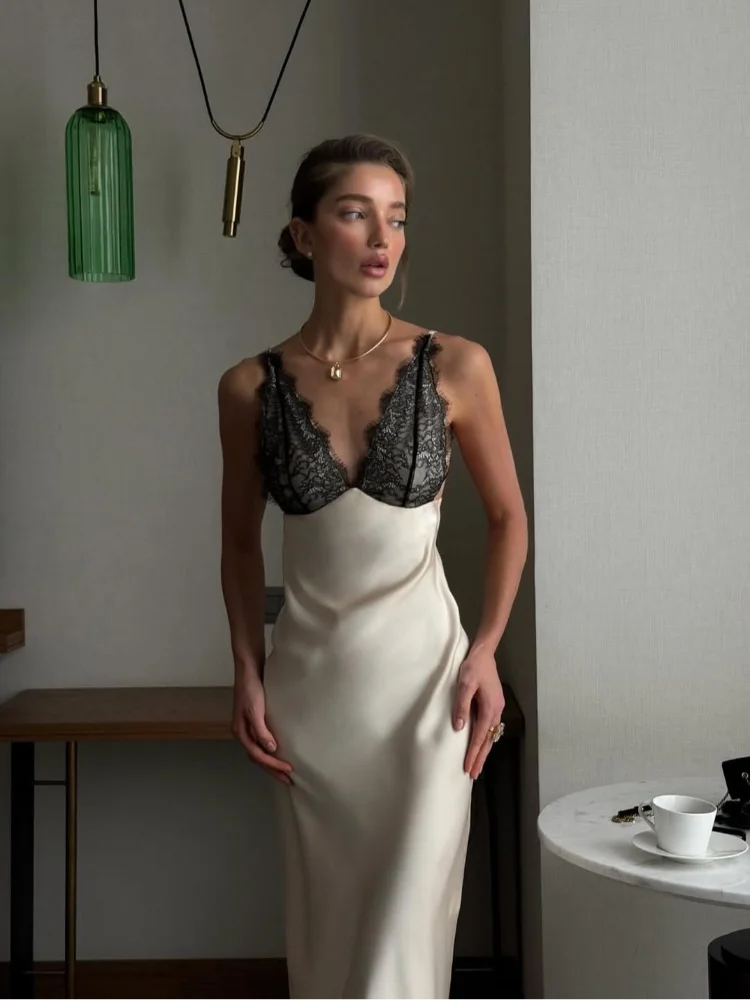 

Новое женское вечернее платье-макси из атласа с кружевными вставками, без рукавов, с открытыми плечами, V-образным вырезом, облегающее, 2026