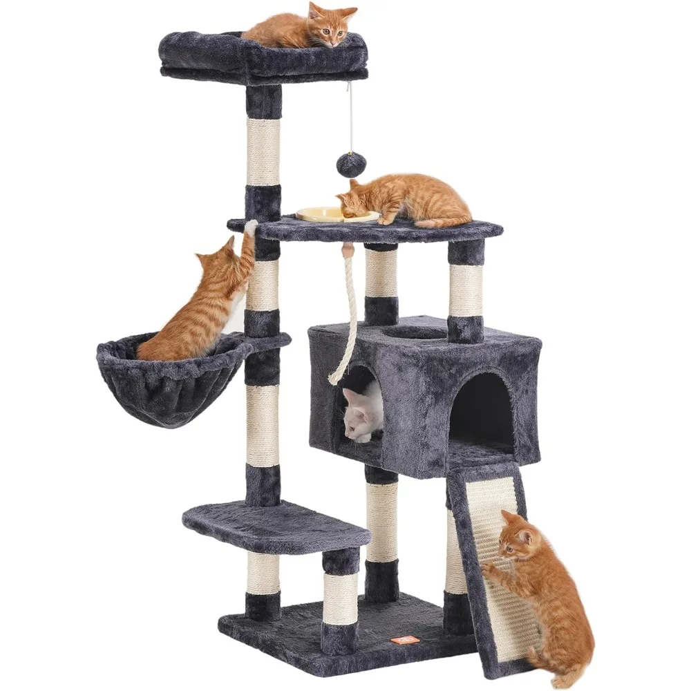 

Cat Tree, Cat Tower for Indoor Cats with Scratching Board, Multi-Level Cat Furniture Condo with Feeding Bowl Smoky Gray HCT010G