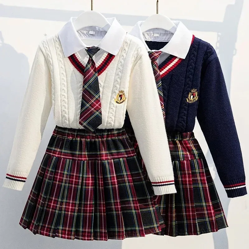 British School Style Girls School Uniform Children's Suit Top and Bottom Clothing Suit