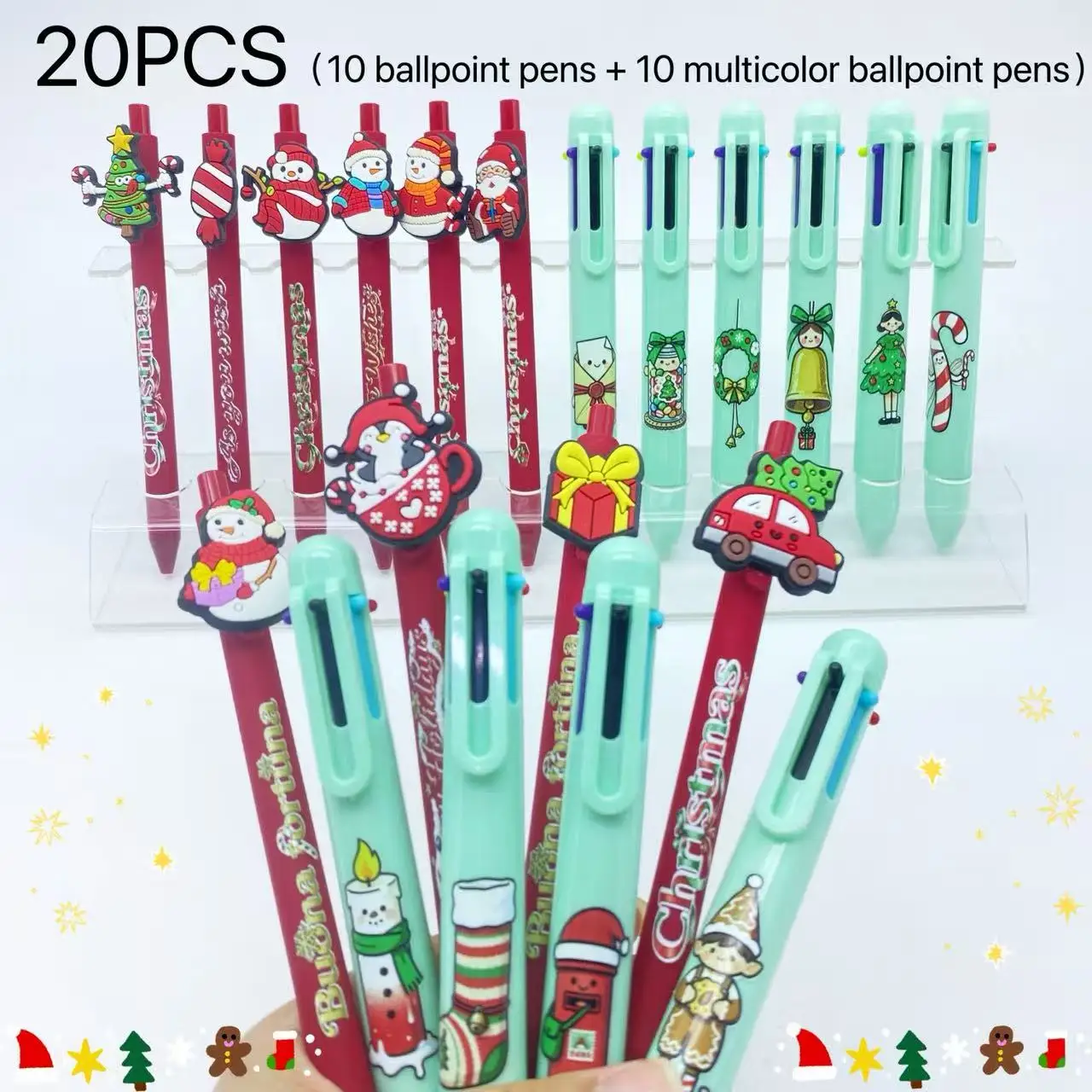 

Рождественский набор ручек из 20 штук (10 круглых ручек + 10 шт. разноцветных ручек) Шесть цветов в одной круглой ручке