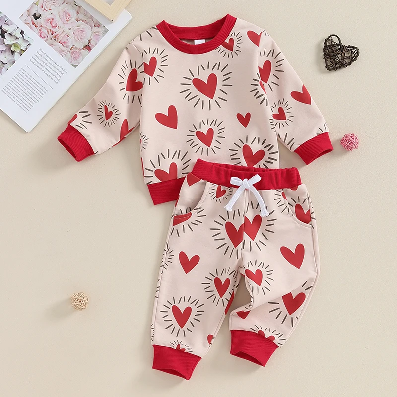 Sweety Baby Valentine’s Day Outfits Lovely Long Sleeve Heart Sweatshirt Trousers Set Cute Infant Baby Clothes 2Pcs Set