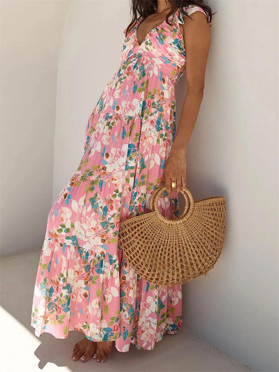 แม็กซี่เดรสแขนกุดหรูหราพร้อมพิมพ์ลายดอกไม้ Boho และชายกระโปรงจับจีบ เหมาะสําหรับงานปาร์ตี้และกิจกรรมชายหาดฤดูร้อน