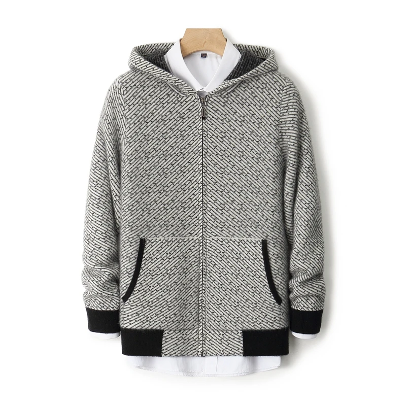 

Autumn Winter Men's 100% Merino Wool Sweater Hooded Collar Knitted Cardigan Sweatshirt Casual Large Top Long Sleeved Sweatercoat