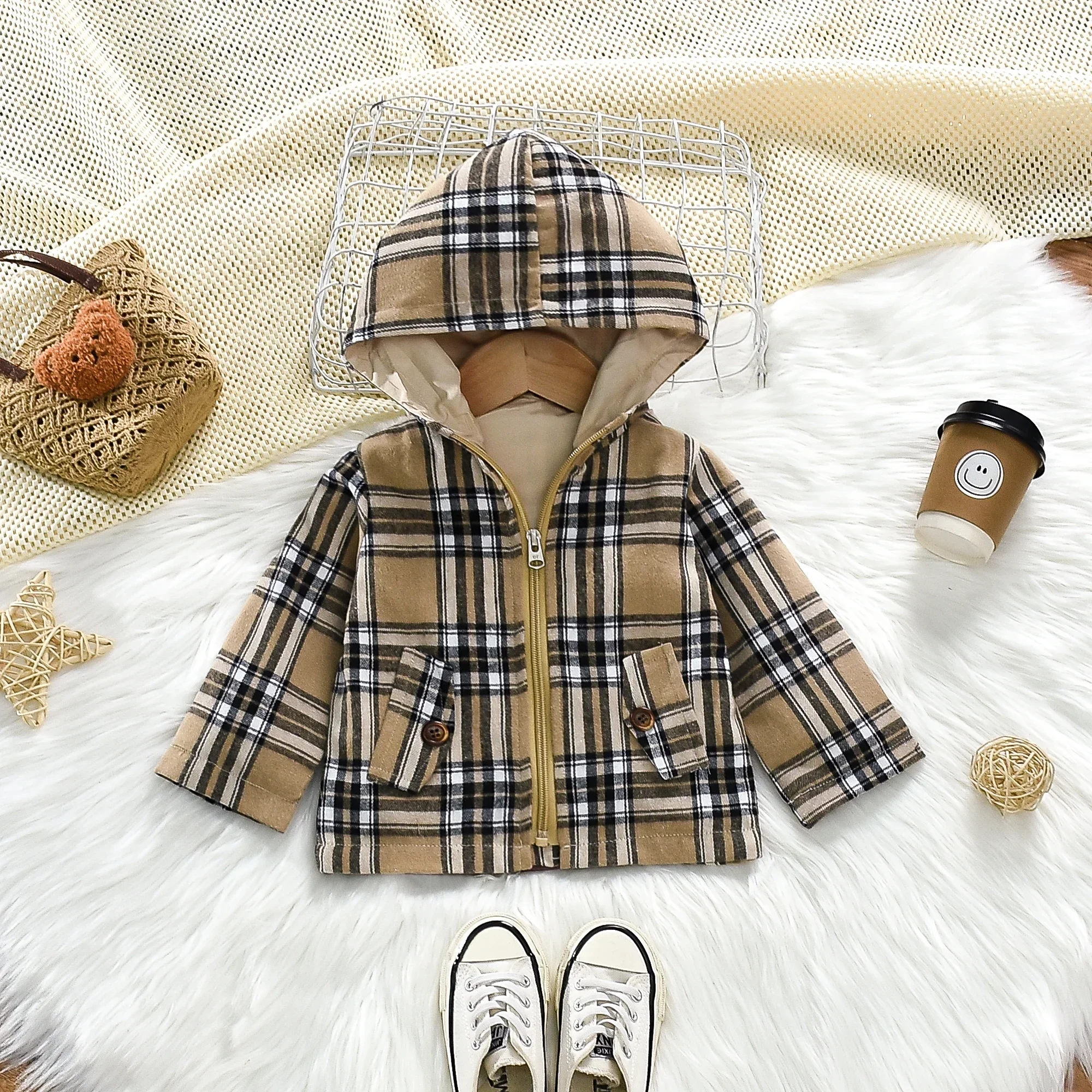 Baby Autumn Coat Fashion Plaid Hooded Long Sleeved Woolen Children\'S Clothing Suitable for 0-3 Years Old