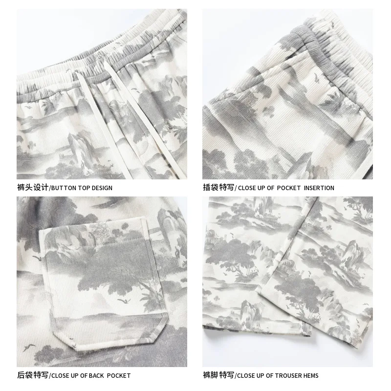 【Mirrordust】25 الشتاء حجم كبير النمط الصيني سروال قصير مبطن بالصوف الدافئة فضفاض مستقيم الساق بنطلون M-5X