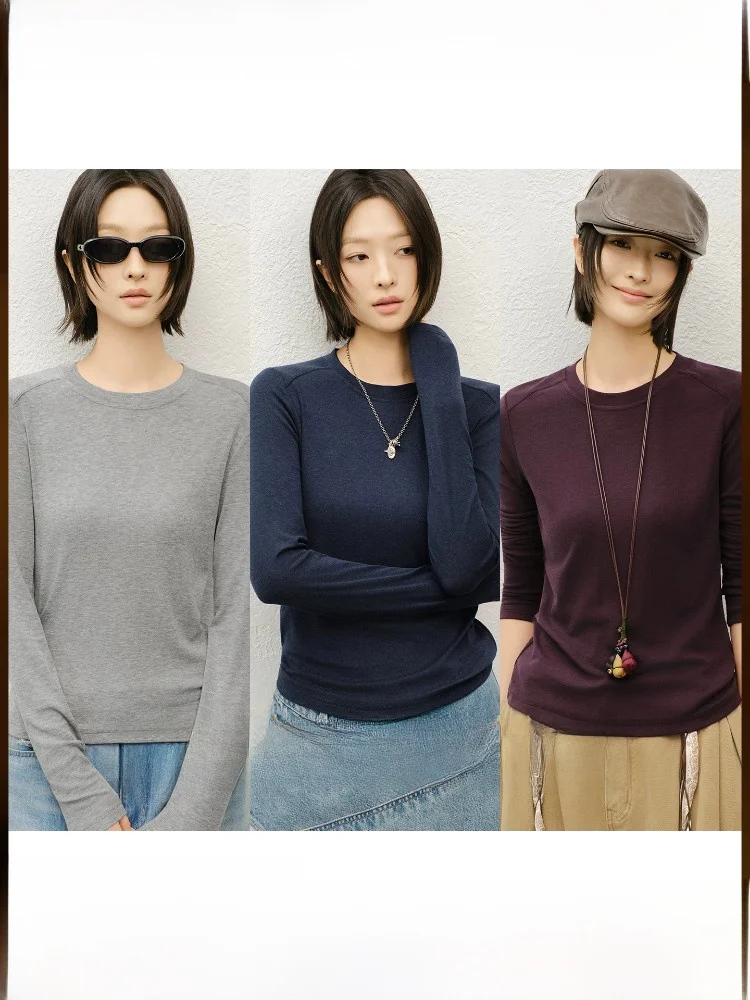 

Meiyang Long Sleeve T-Shirt Women's Slim Fit round Neck Casual Style Acetate Lyocell Wool Classic Pattern Daily Wear