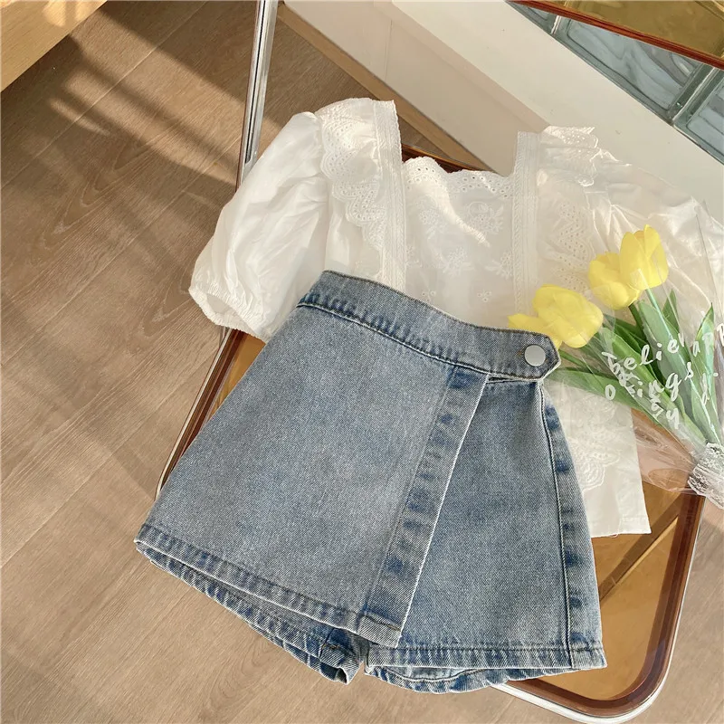 Summer Girls Clothing Sets Fashion Embroidered Hollow Lace Top Short Sleeve+ Personalized Culottes Short Jeans Child Kids Suit