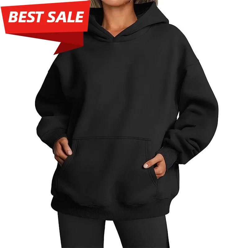 Damskie bluzy oversize plus size, polarowe bluzy z kapturem, koszulki z długim rękawem, bluzy wkładane przez głowę z kieszenią, bluzy Y2K z kieszenią