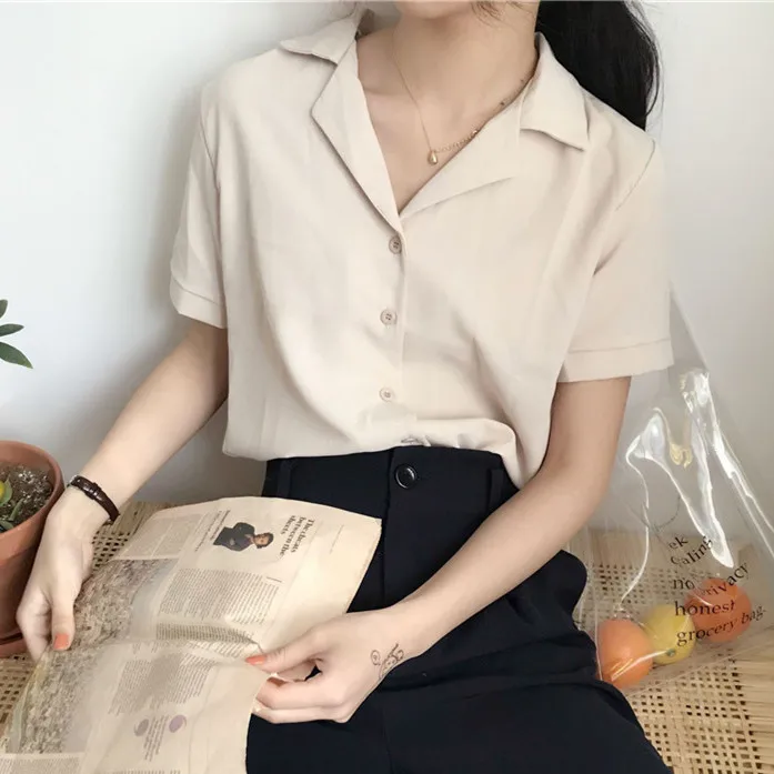 

Summer Temperament Suit Collar Chiffon ort Sve irt Women's Commute Sle Pure Color PU Material ort Length