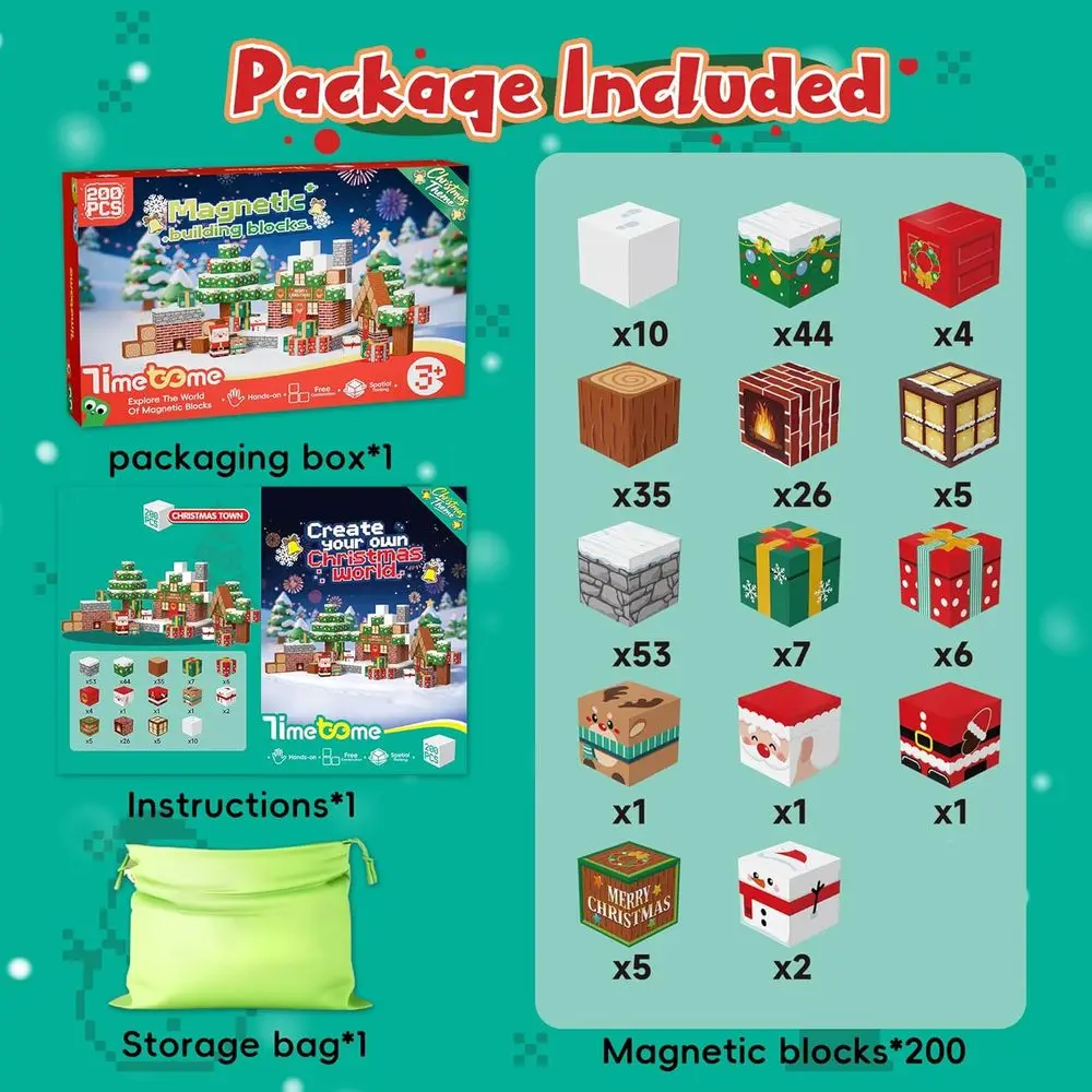 Set di blocchi magnetici da 200 pezzi, giocattoli Montessori ispirati a STEM per bambini dai 3 ai 10 anni, edizione natalizia