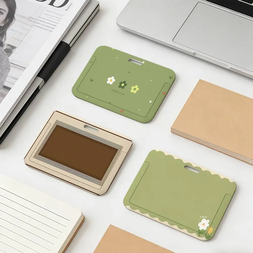 Fashion Modern Simple Floral Brown Green Lines ID Credit Card Badge Holder Business Pass Hang Rope Keychain Credential Holder
