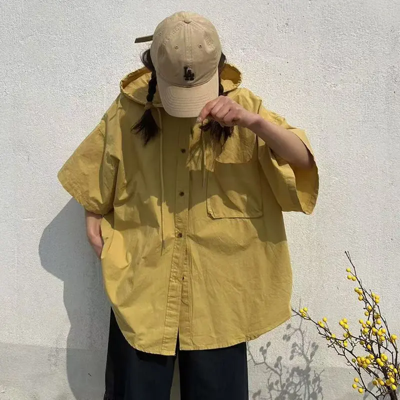 

Japanese Vintage Hooded Loose-Fit Shirt Summer New Sun Protection Women's Simple Shirt Versatile Half Sleeve Shirt Clothing