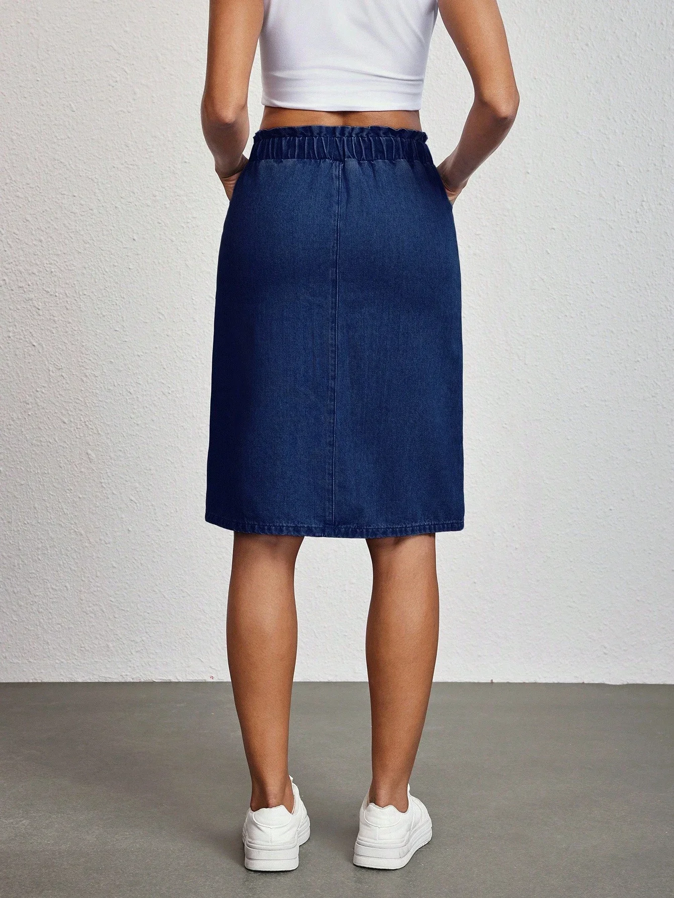 Women's Solid Color Elastic Waist Drawstring Casual Denim Skirt