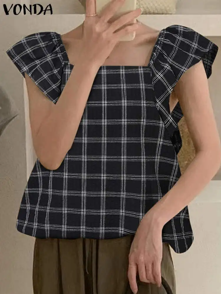 

Women Blouse Shirts 2023 VONDA Elegant Plaid Printed Blusas Vintage Short Puff Sleeve Party Tops Ruffle Summer Bohemian Tops