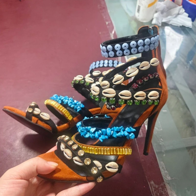 

Colorful Coline Shell Sandals Brown Suede Cloth Open Toe Multi Colors Rhinestone Studded Cover Heels Women Strappy Sandals