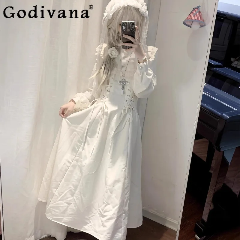 

French Gothic Gentle Heavy Lace Dress Female Japanese Lolita Long Sleeve Autumn Dress Women's Elegant Slim Waist Long Dress