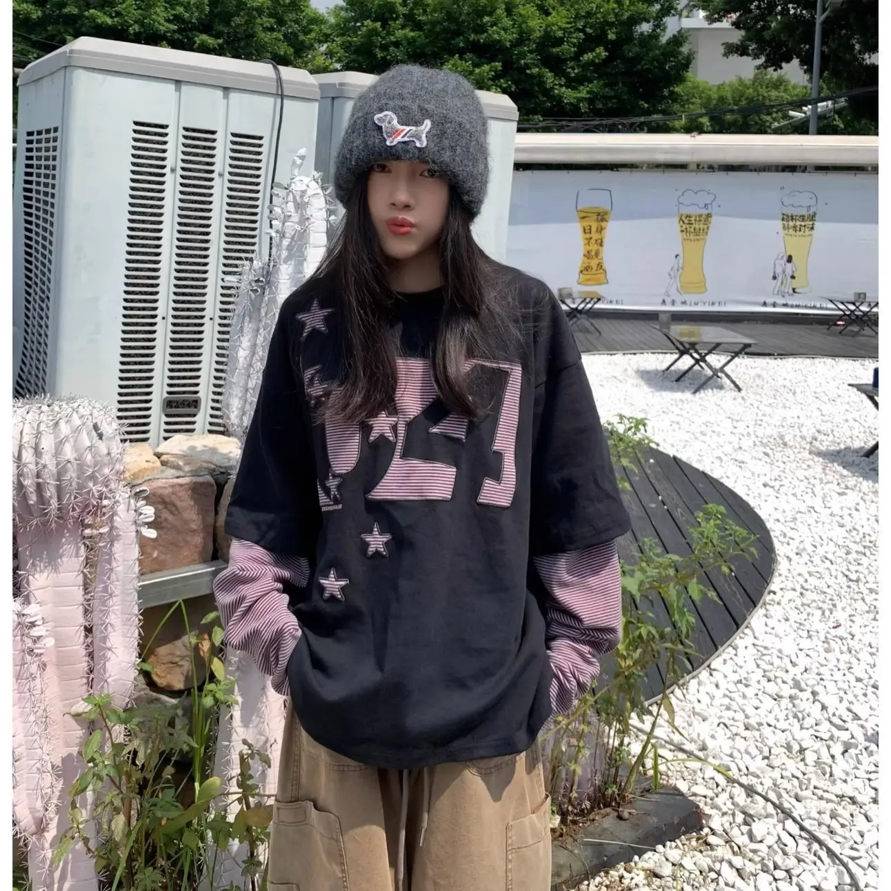 

Korean Contrasting Color Embroidered Padded Two Piece Base Layer Women Loose Fit Early Autumn Long Sleeve Shirt Women Clothing