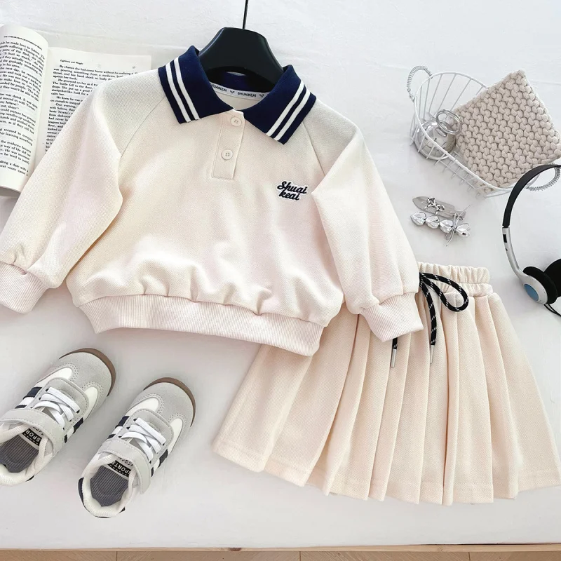 

2025New Girls Autumn Suit ChildrenpoloCollared College Style Fashionable Sweatshirt and Skirt Two-Piece Set