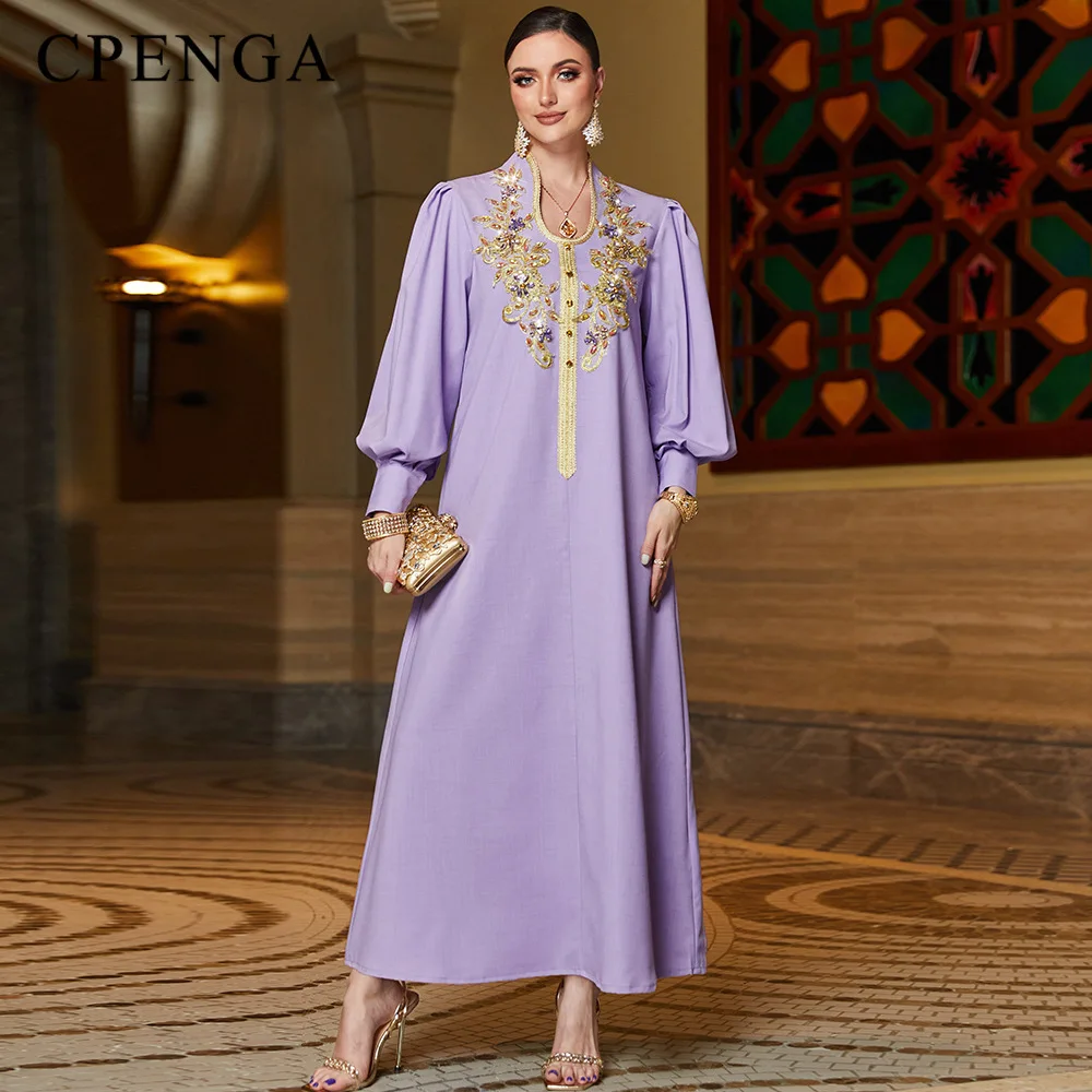 

Luxury Dubai Purple Abaya Dress Elegant Muslim Women Party Jalabiya Outfit Islamic Holiday Travel New in Turkey Moroccan Kaftan