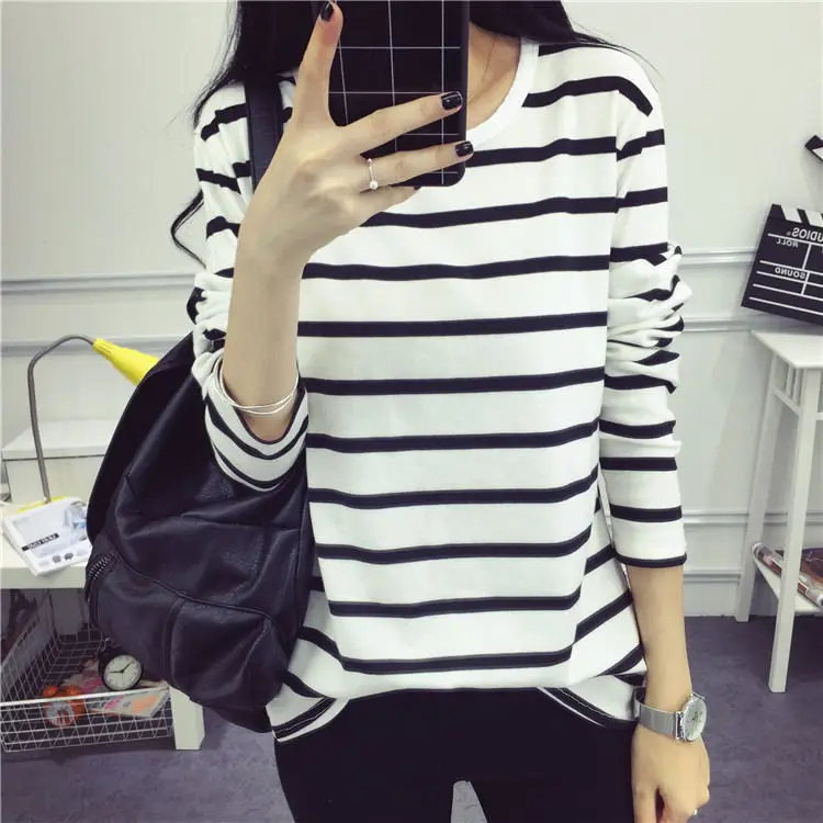 Summer T Shirt Women Students Round Collar Stripe Wholesale long-sleeved T-shirt Female Tee Tshirts Dropshipping ZBBA40