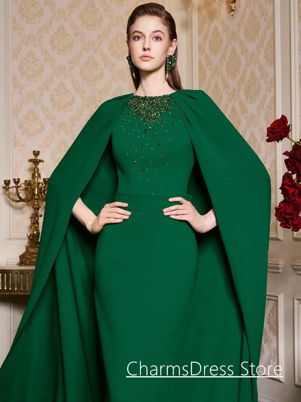Robe de Soirée Verte Arabe Personnalisée avec Cape, Perles de Bijou, Clip, Tenue de Bal de Mariage, Nouvelle Collection