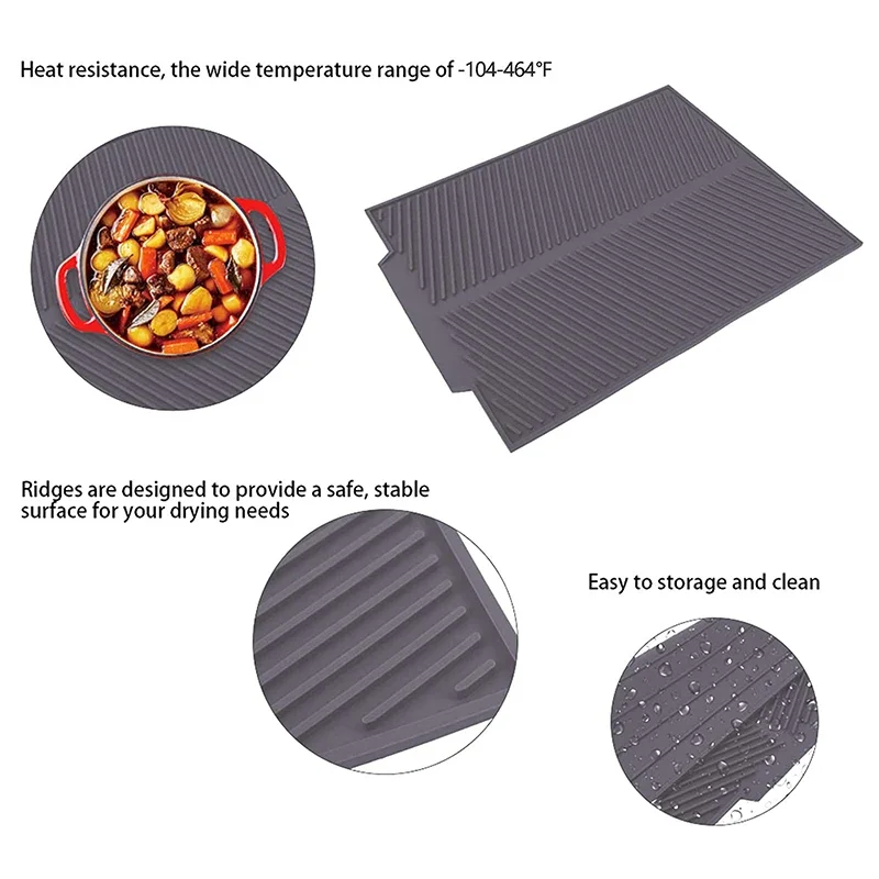 Silicone Dish Drying Mat 43*33cm - Heat Resistant Drainer Mat - Non Slip Sink Draining Tool