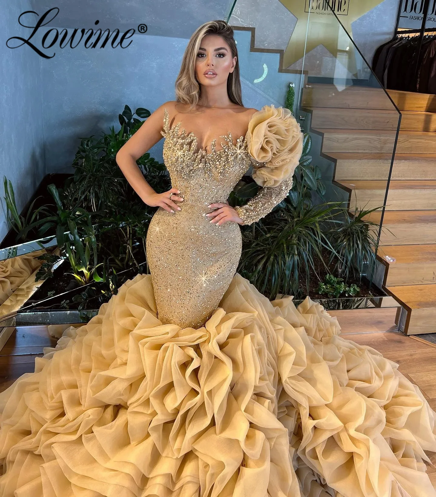 Gold Sequins Beaded Mermaid Prom Dresses Applique Crystals One Shoulder Ruffles Tiered Wedding Party Dress Long Evening Gowns