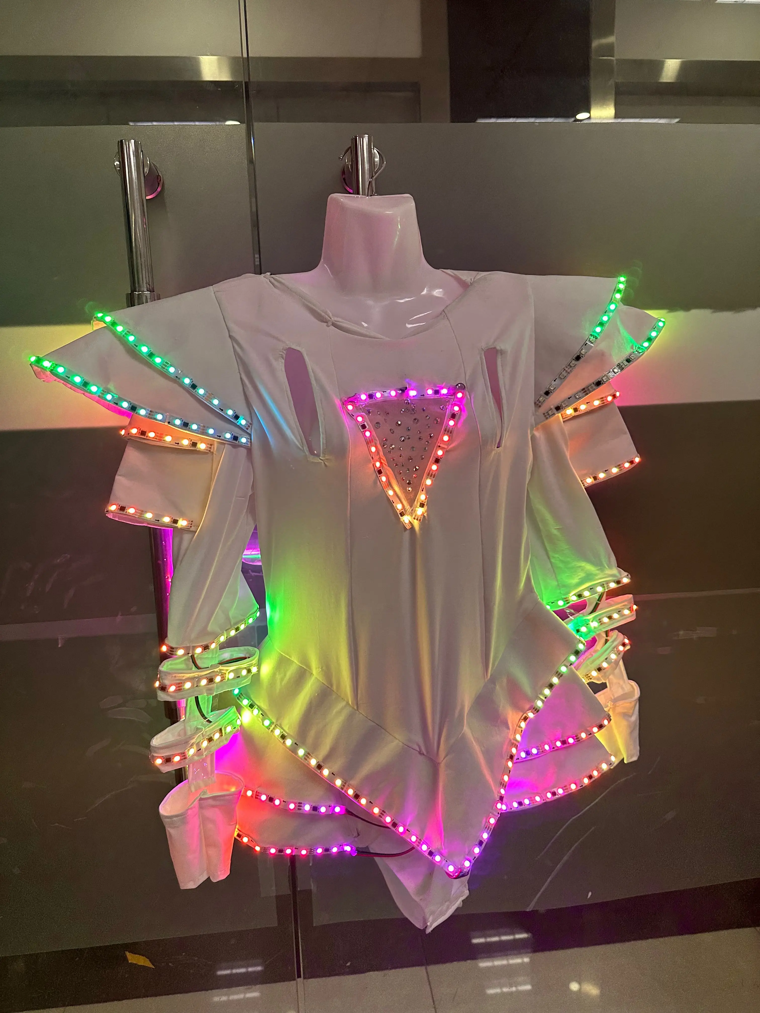 

Led Light Costume Singer Event show White Bodysuit Women Nightclub Rhinestone Jumpsuit