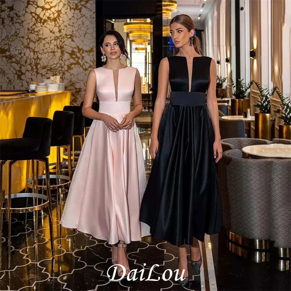 

Simple Tea-Length Satin Evening Dress V-Neck Sleeveless Evening Gown Sexy Backless A-Line Prom Dress فساتين السهرة abendkleider