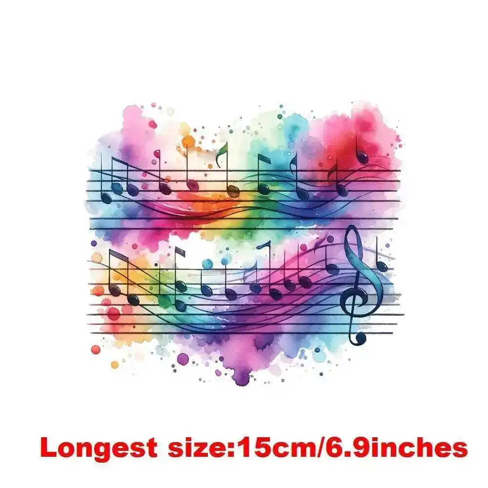 15cm Kids Watercolor Music Notation Iron On Heat Transfer Sticker DTF Iron On Transfer Patches For Children's Clothes Decal