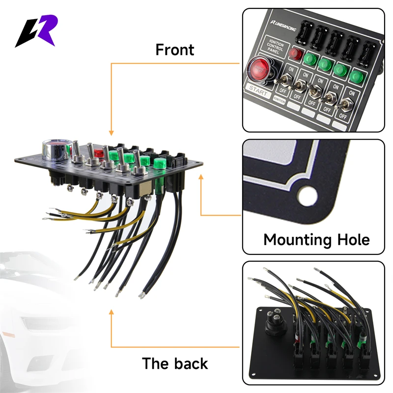 

LR Racing New version Switch Panel Race Ignition Accessory Five Ways Engine Start 5 Switch Lights Fused Aluminum ABS Black