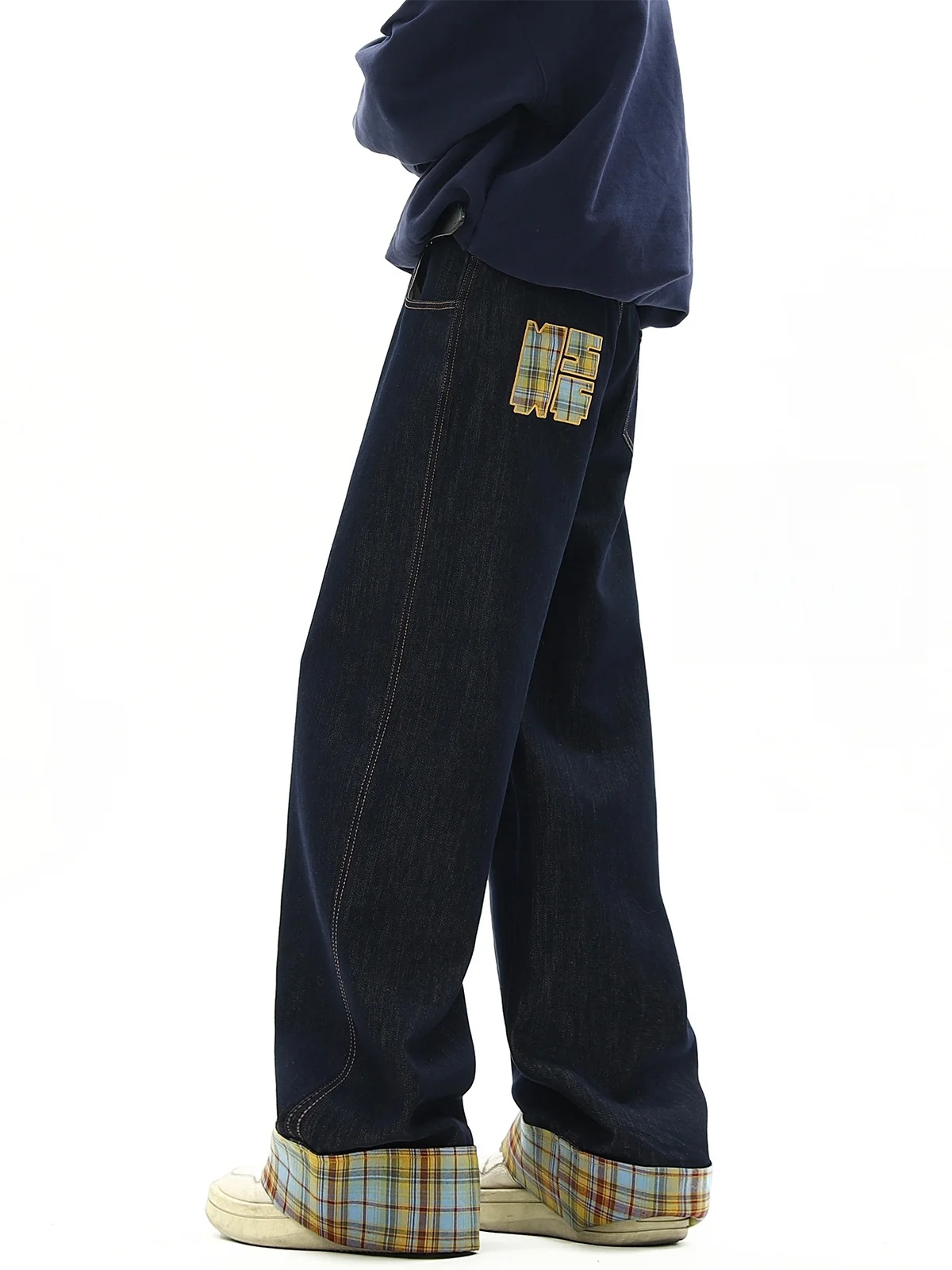 

American Plaid Splicing Cuffed Denim Pants Men Women Winter Unique Design Wide Leg Loose Straight Long Trousers Trendy